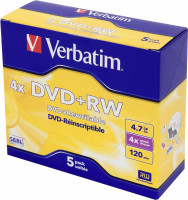 Диск DVD+RW Verbatim 4.7Gb 4x Jewel case 5шт (43229)