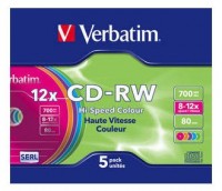 Диск CD-RW Verbatim 700Mb 12x Slim case Color 5шт (43167)